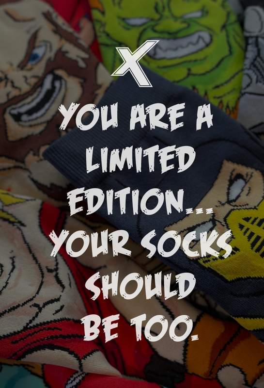 Crossover Character sock pile with Crossover Logo and text "You are a limited edition... your socks should be too."