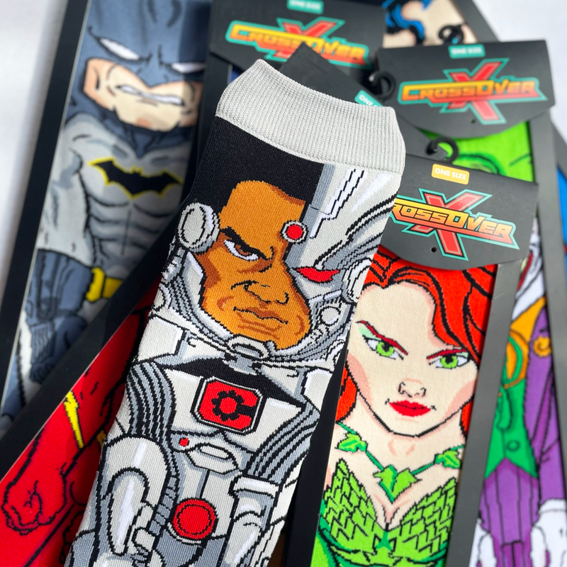 DC Comics Justice League Cyborg Batman Flash Poison Ivy Joker Animated Series Crossover Collectible Character Socks Sox