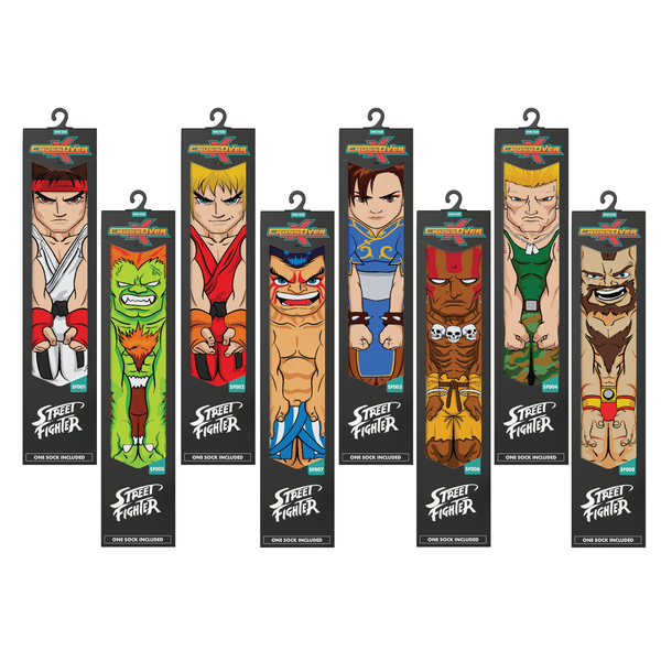 Crossover Street Fighter II Ryu Blanka Ken E. Honda Chun Li Dhalsim Guile Zangief Crossover Collectible Character Socks Sox Packaging