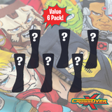 Crossover Socks 6 Black sock icons with questions marks to denote "mystery items" a red bubble with white text that reads Value 6-Pack.  Background of assorted characters socks including Street Fighter, DC Comics, and more