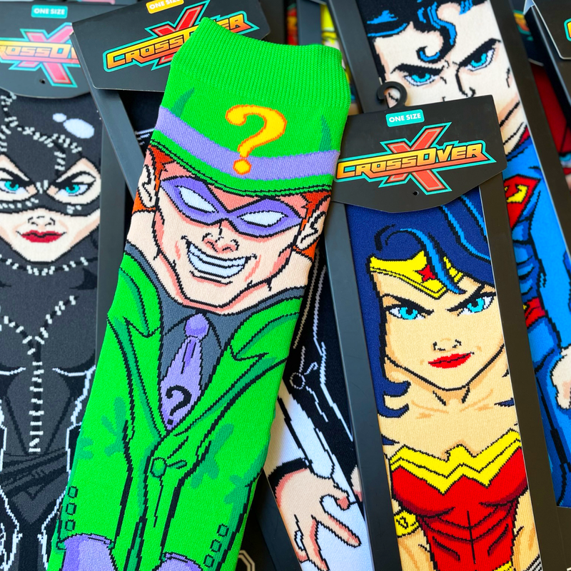 DC Comics Justice League Riddler Wonder Woman Catwoman Superman Animated Series Crossover Collectible Character Socks Sox